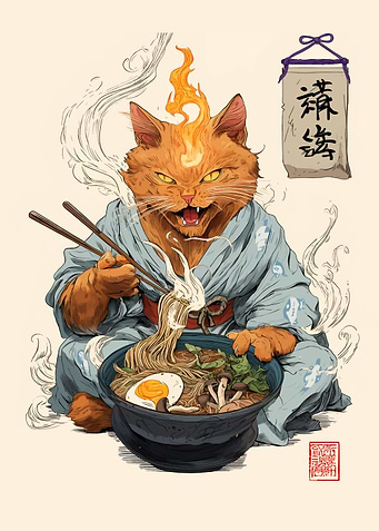 Cat Samurai Eating Ramen