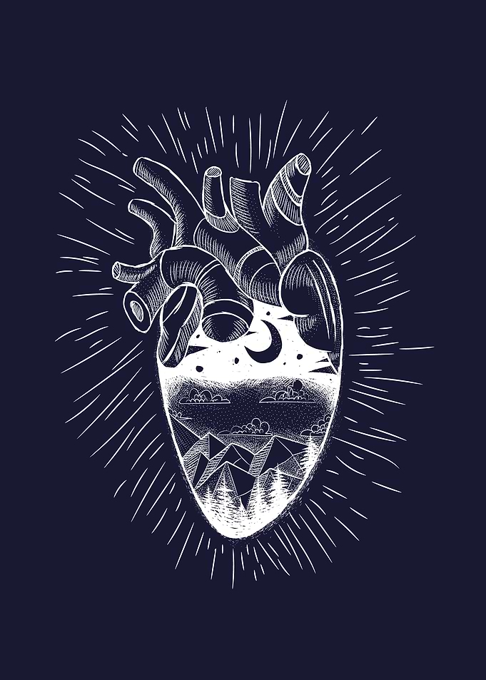 Anatomical Heart with Night Landscape