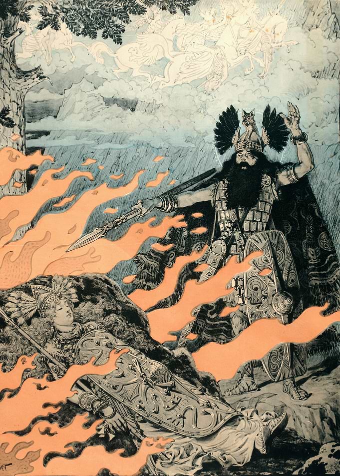 Mythological Scene with Warrior and Flames