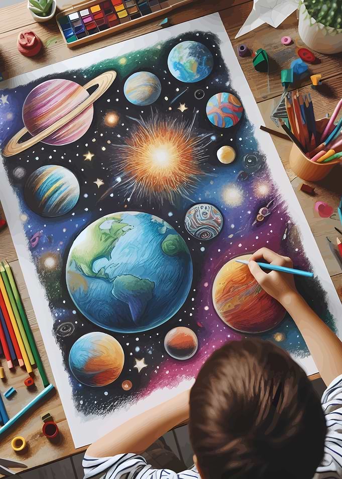 Child Drawing Planets in Space