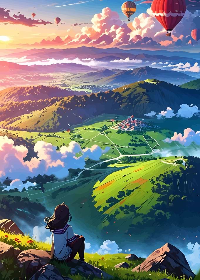 Anime Girl Overlooking Mountain Landscape