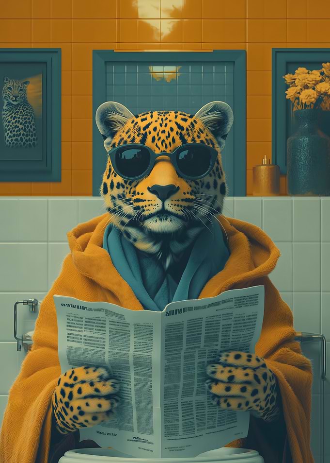 Leopard Reading Newspaper on Toilet
