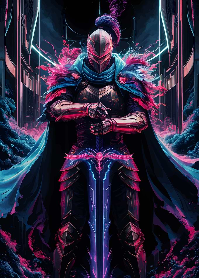 Cyberpunk Knight with Neon Sword