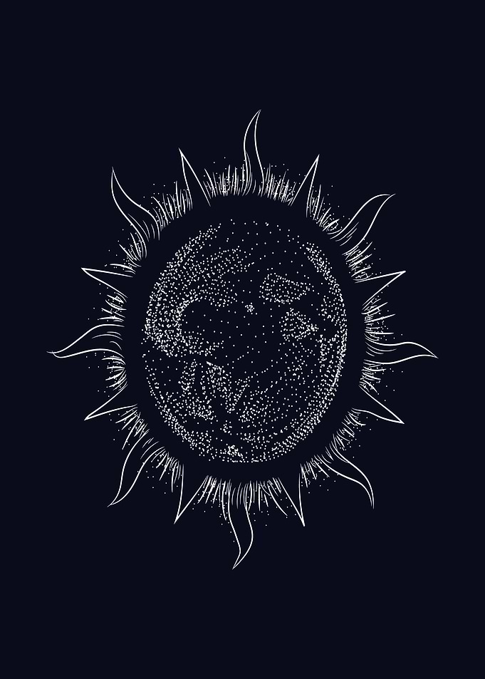White Sun Drawing on Black Background