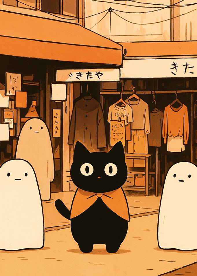Black cat with ghosts in town