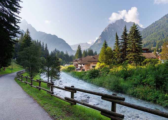 Mountain Avisio River Landscape with Wooden Fence