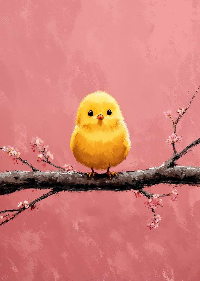 Cute Yellow Chick on Blossoming Branch