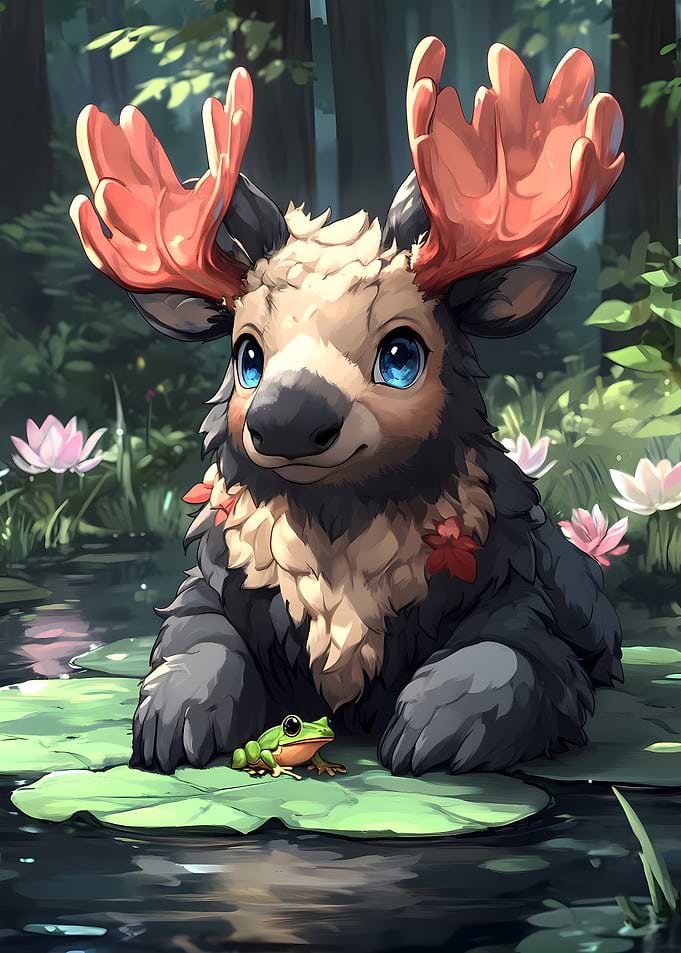 Cute Moose and Frog in Pond