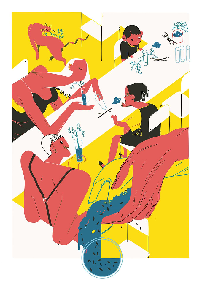 Science Class Illustration with People and Cat