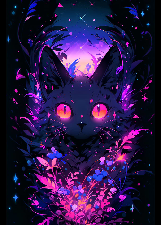 Neon Cat in Floral Galaxy