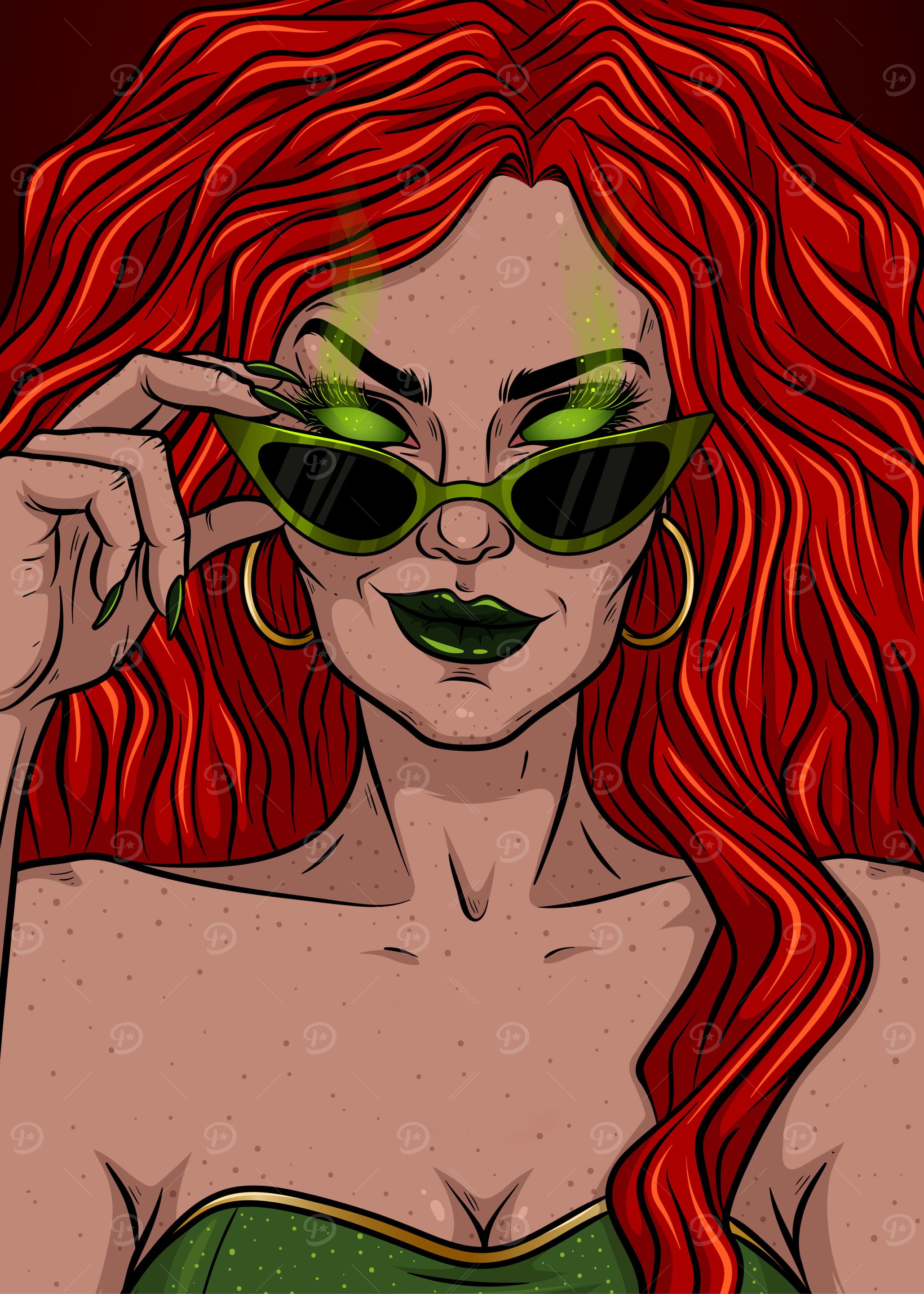Red-haired woman with green sunglasses