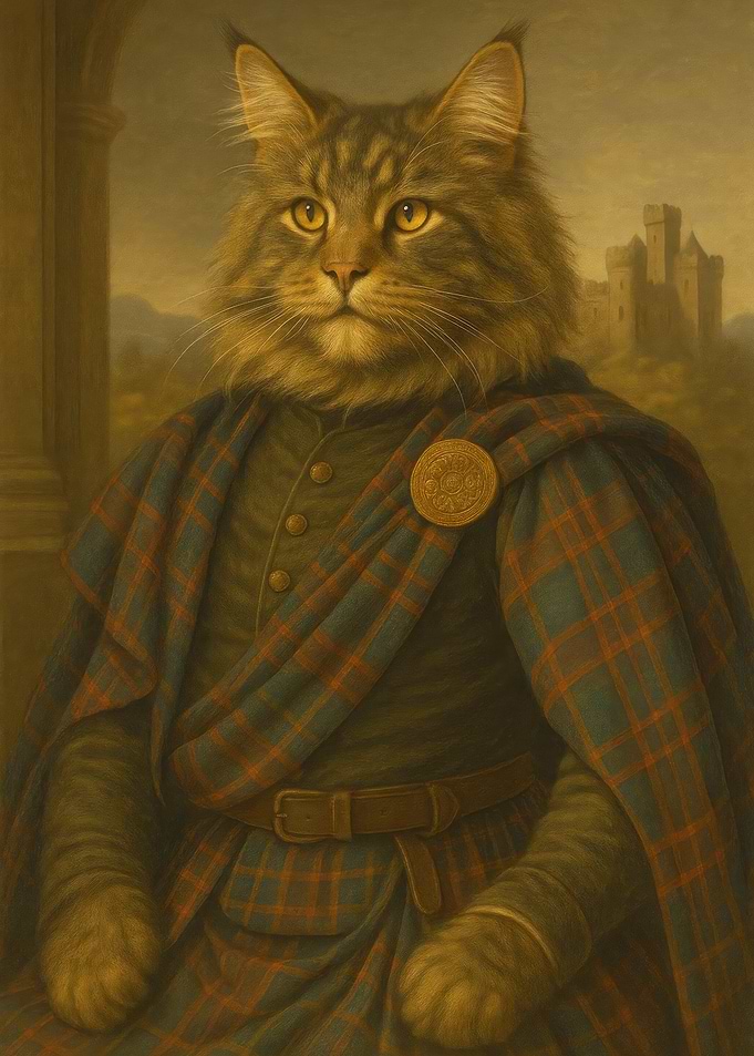 Scottish Cat Portrait with Castle - Majestic Maine Coon Scottish Laird Portrait