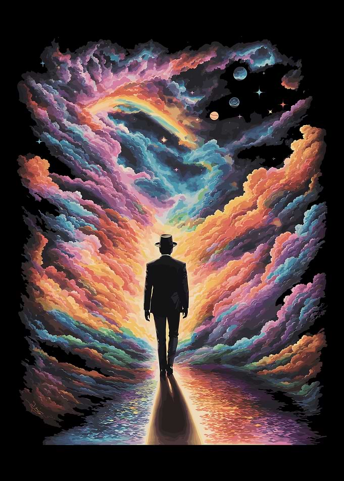 Man Walking Through Colorful Galaxy of Clouds