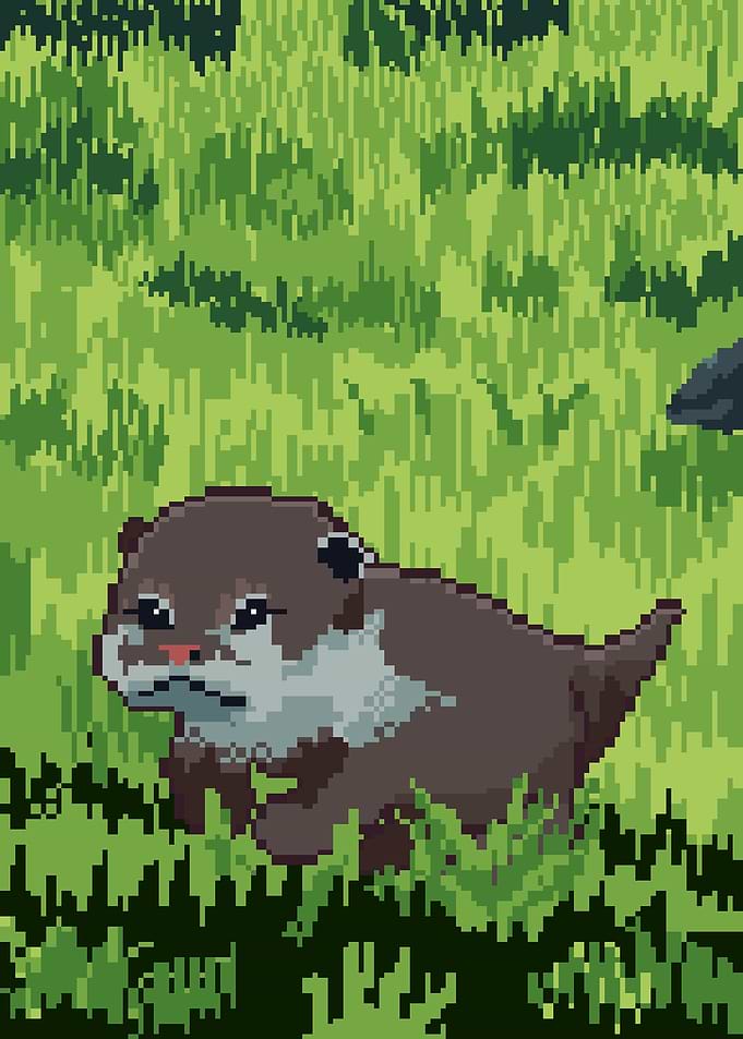 Pixel Art Otter in Green Grass