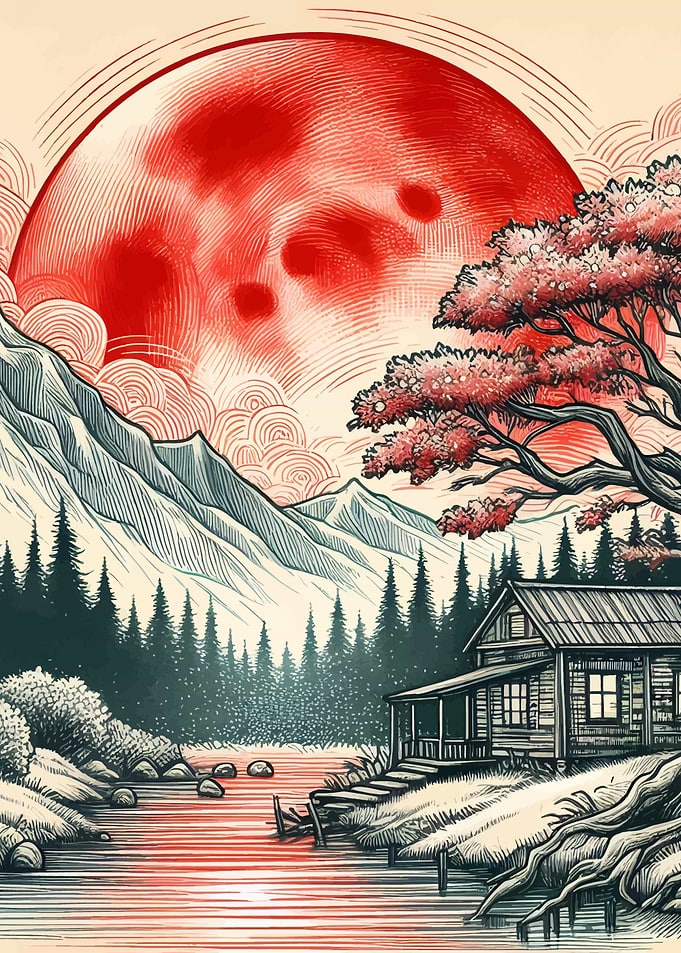 Cabin by the Lake with Red Moon