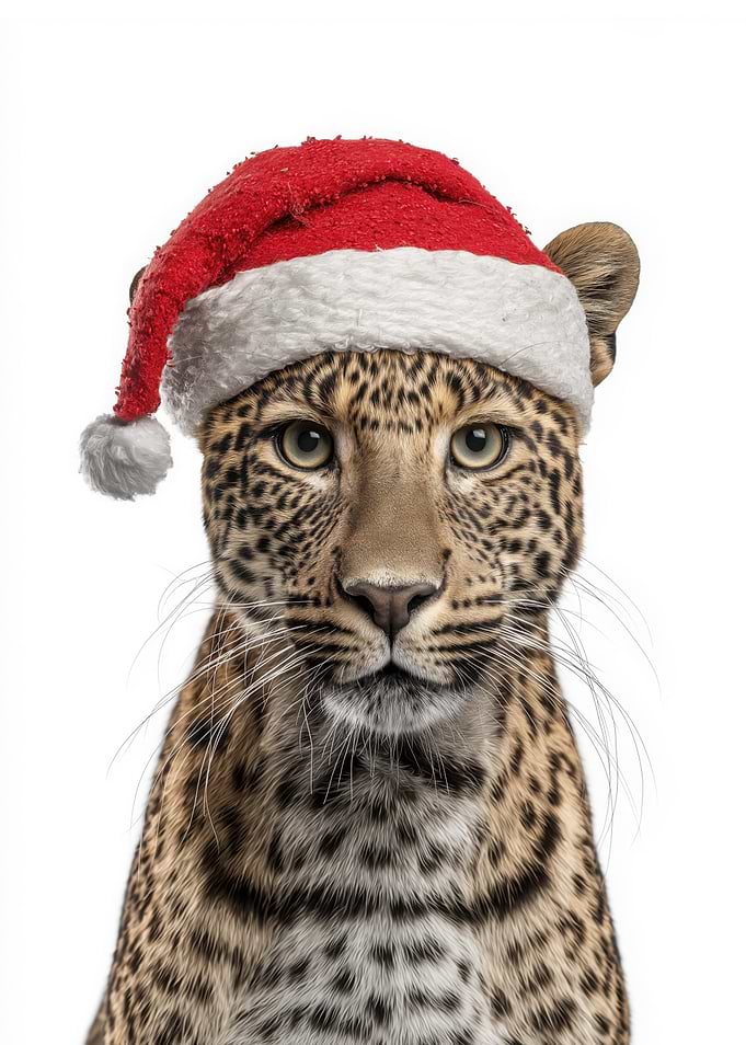 Leopard wearing a Santa hat