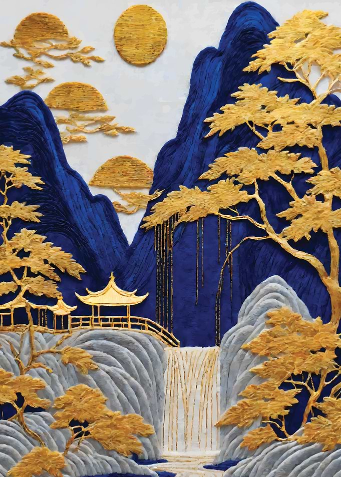 Golden Asian Landscape with Waterfall