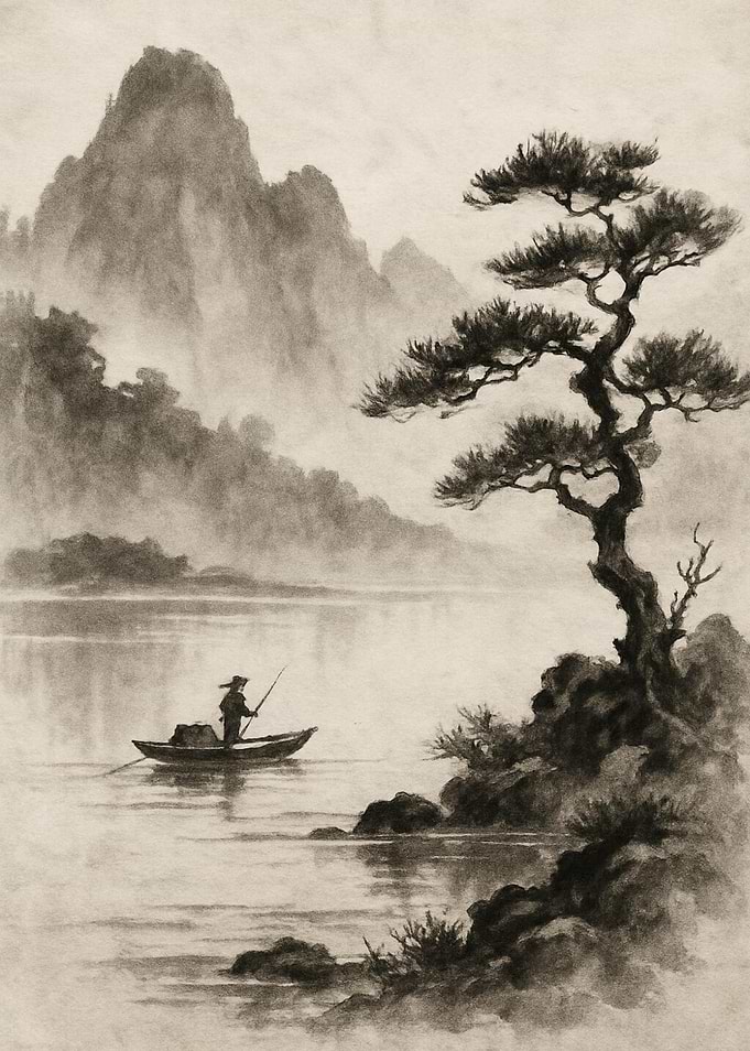 Serene Fisherman in Asian Landscape Painting