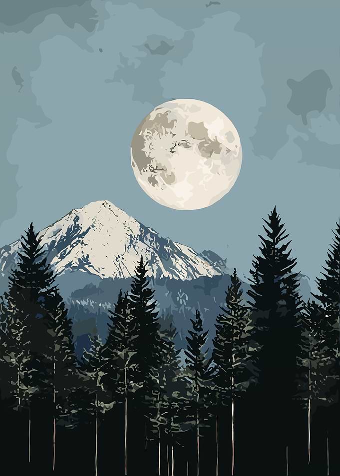 Mountain, Forest, and Moon Landscape Art