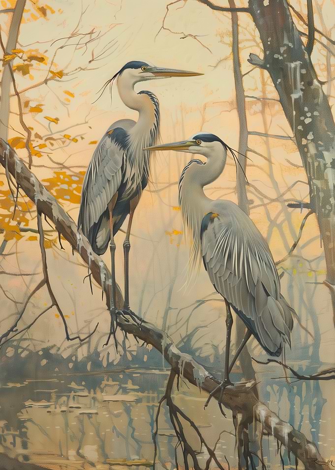 Two Herons on a Branch Painting