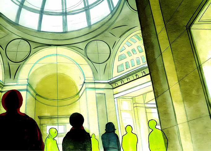 Architectural Interior with Silhouetted Figures