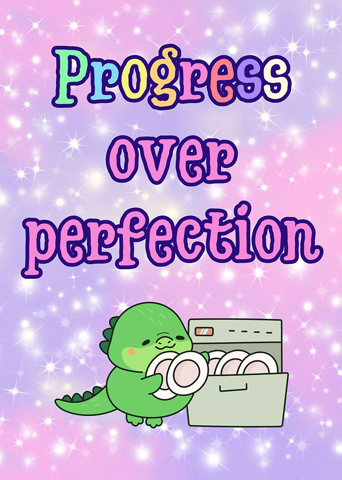 Progress over perfection, cute dinosaur