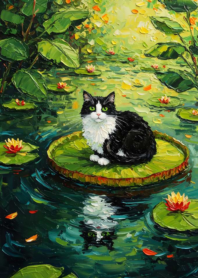 Cat on Lily Pad Painting