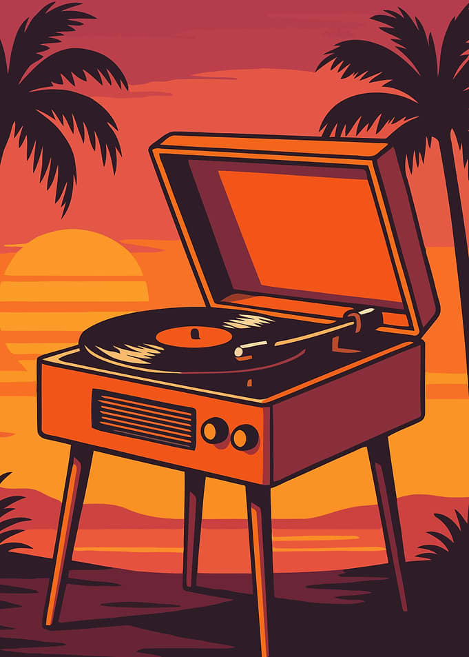 Retro Record Player at Sunset