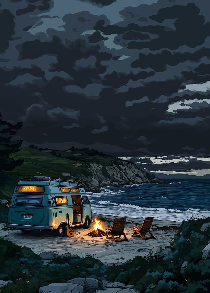 Beach Camping with Van and Fire