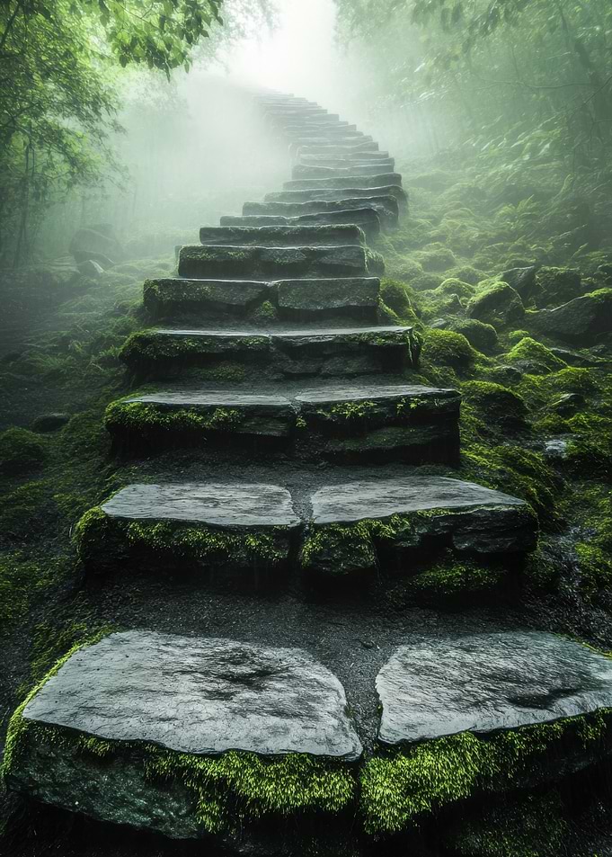 Mossy Stone Steps in Foggy Forest