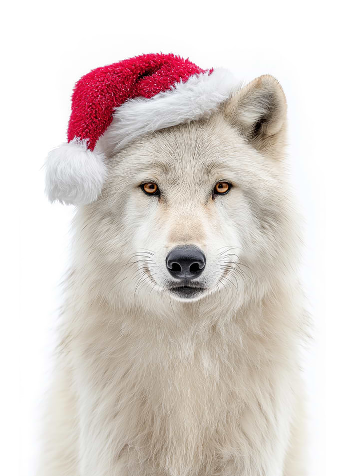 Arctic Wolf wearing a Santa hat