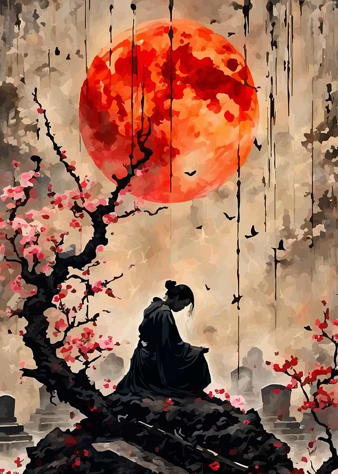 Samurai under Blood Moon with Cherry Blossoms