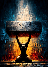 The Weight of the Name – Kneeling Figure Under Sacred Stone