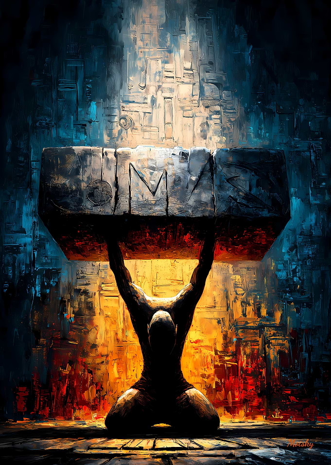 The Weight of the Name – Kneeling Figure Under Sacred Stone