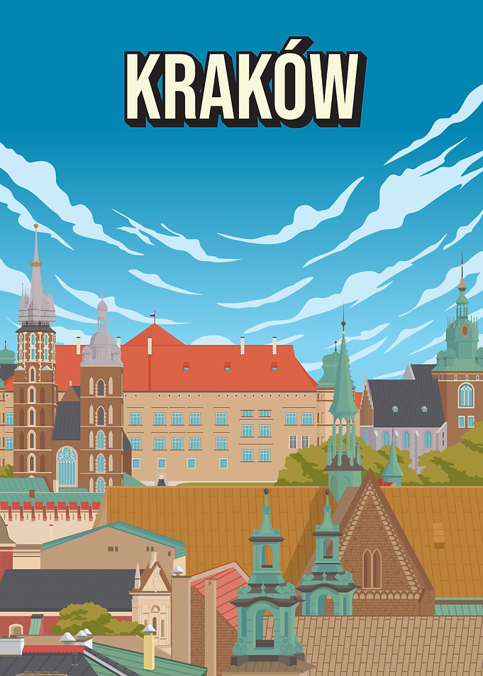 Vibrant Krakow Poland Cityscape Art Print | European Travel Souvenir