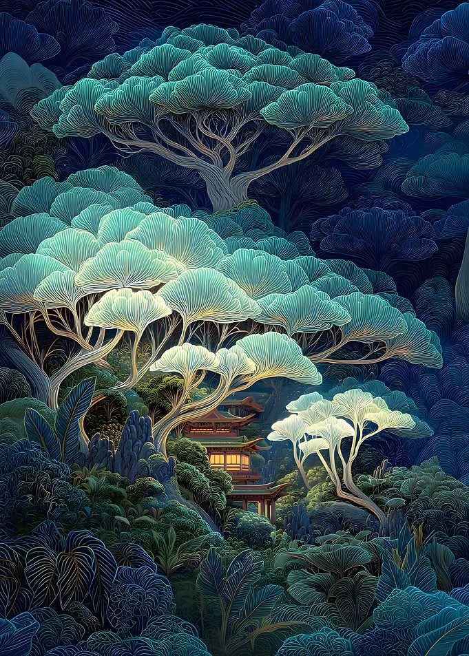 Asian Landscape with Pagoda and Trees