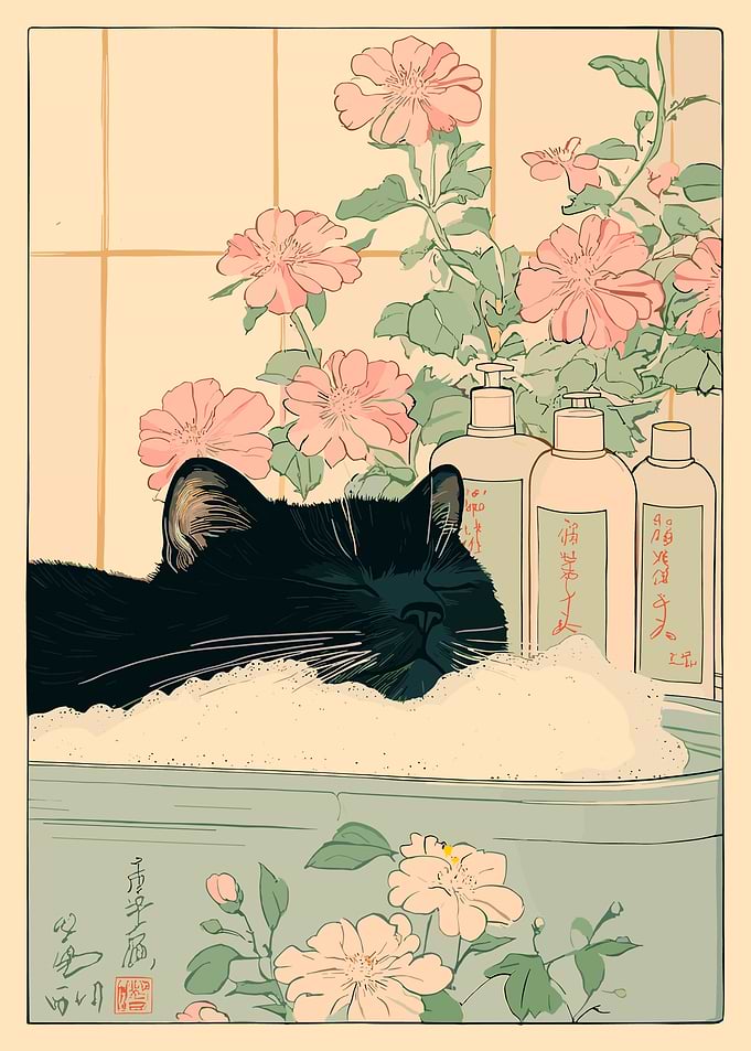Black Cat Bathing with Flowers