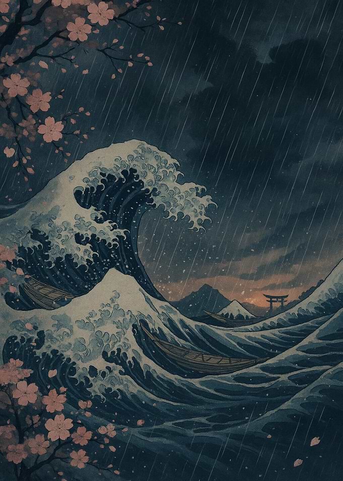 Rainy Ocean Wave with Cherry Blossoms