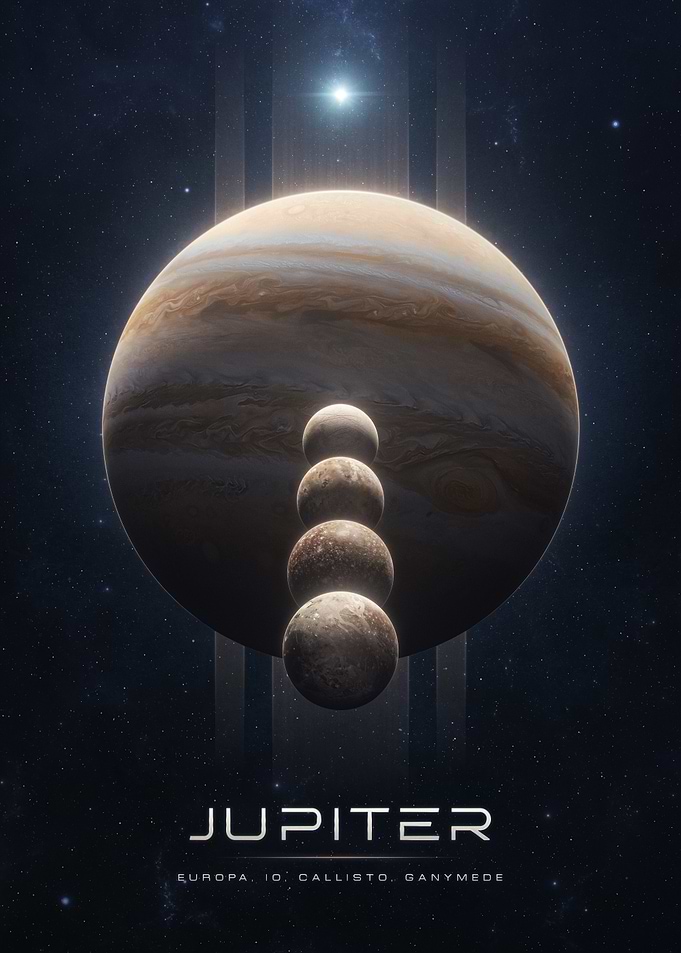 Jupiter and its moons poster