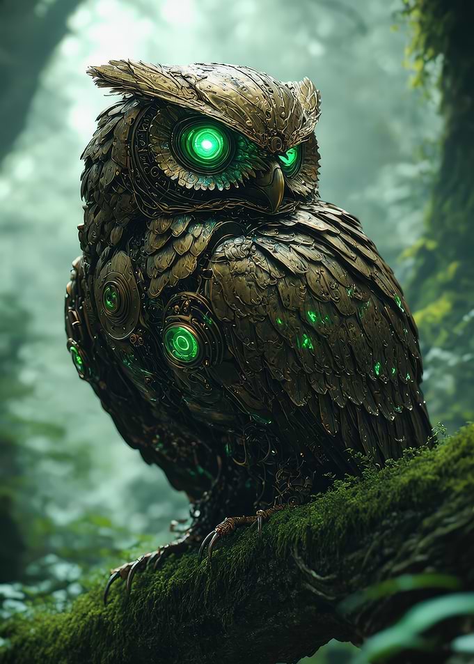 Steampunk Owl with Glowing Green Eyes