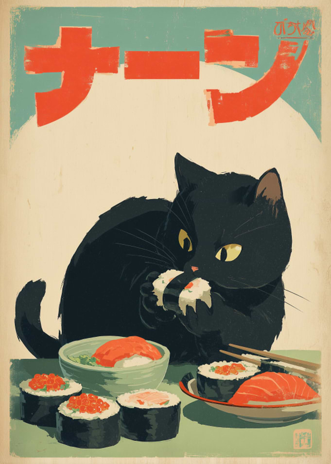 Black Cat Eating Sushi Poster
