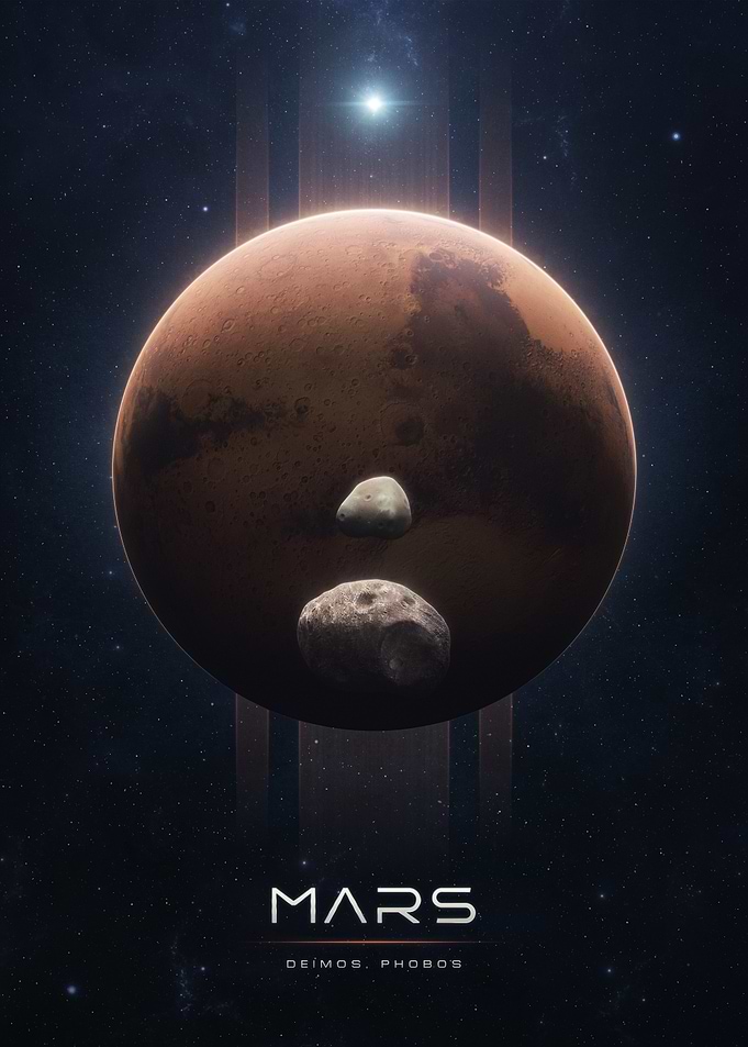 Planet Mars with Deimos and Phobos