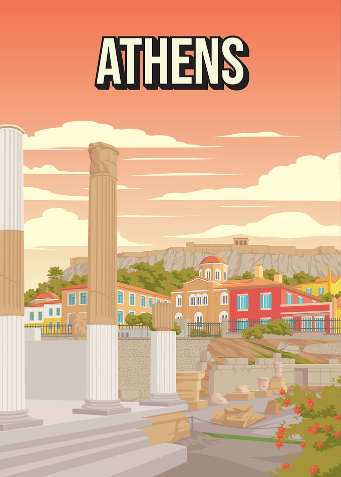 Athens Greece Historic City Art Print Acropolis Travel Poster