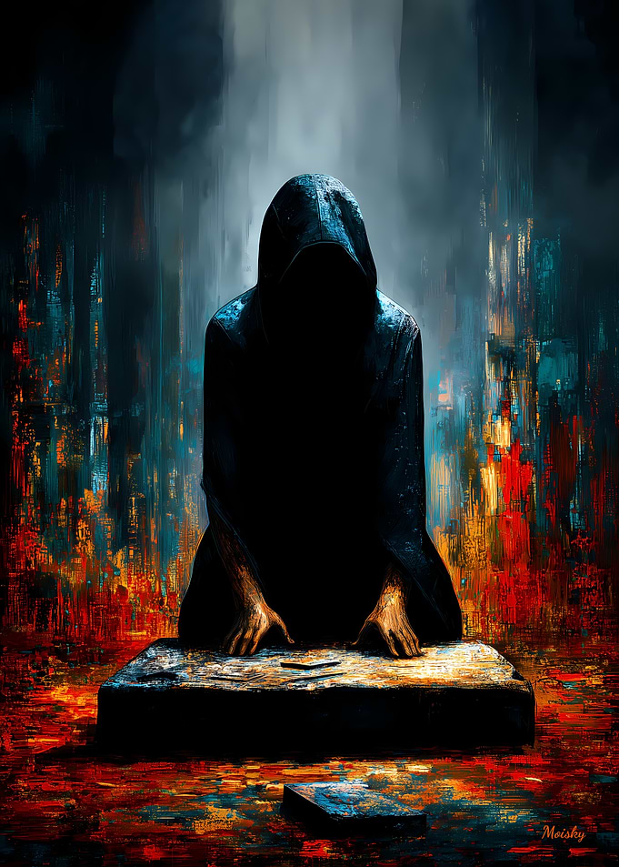 The Oath Beneath the Veil – The Kneeling Figure Before the Stone