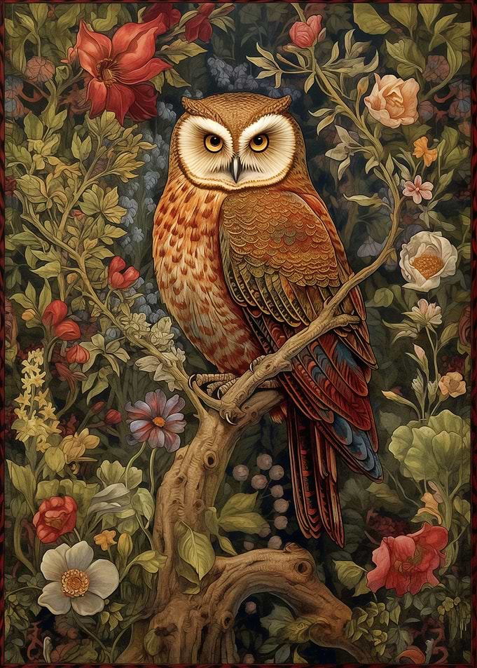 Owl in Floral Garden