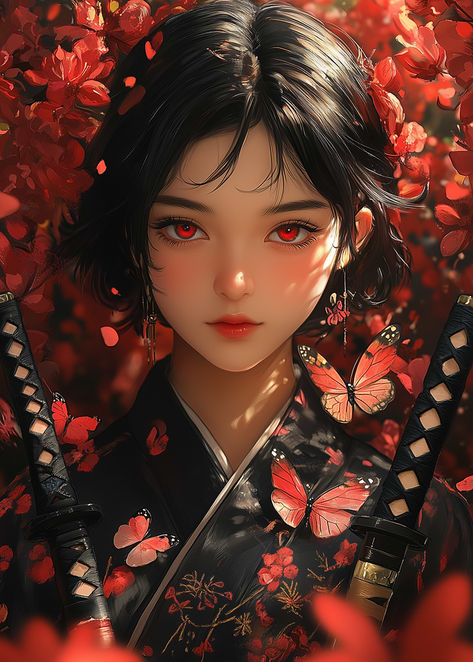 Anime Girl with Katana and Butterflies