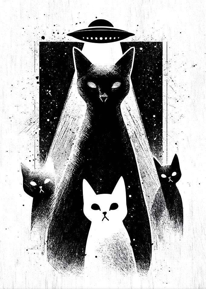 Alien Cats Abduction Black and White