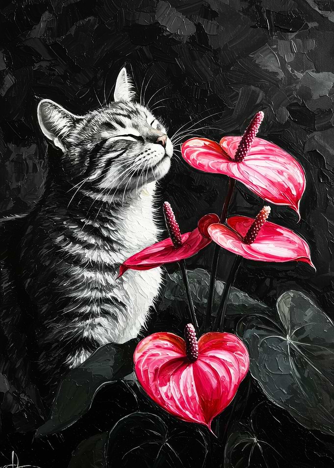 Cat and Anthurium Flowers Painting