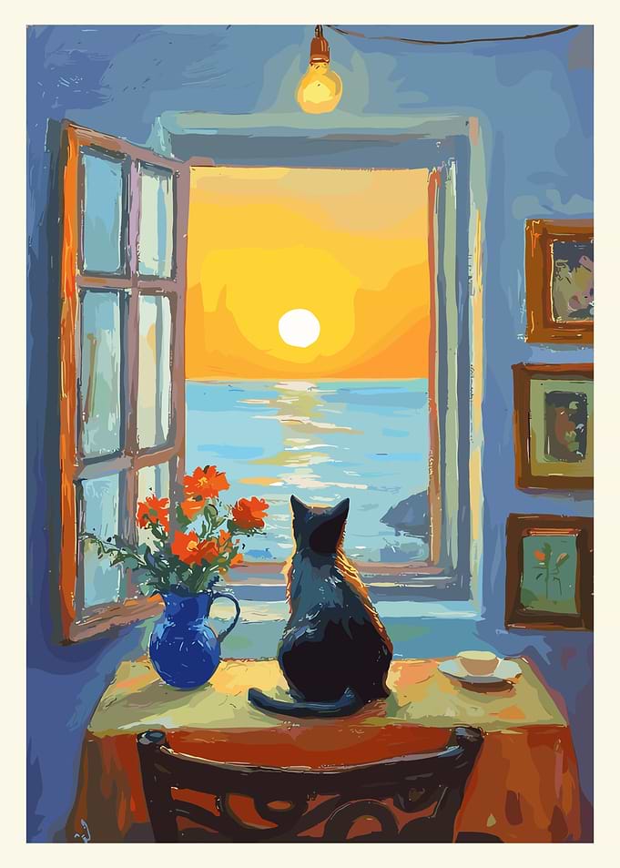 Cat gazing at sunset by the sea