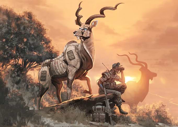 Cyberpunk Kudu and Soldier Illustration
